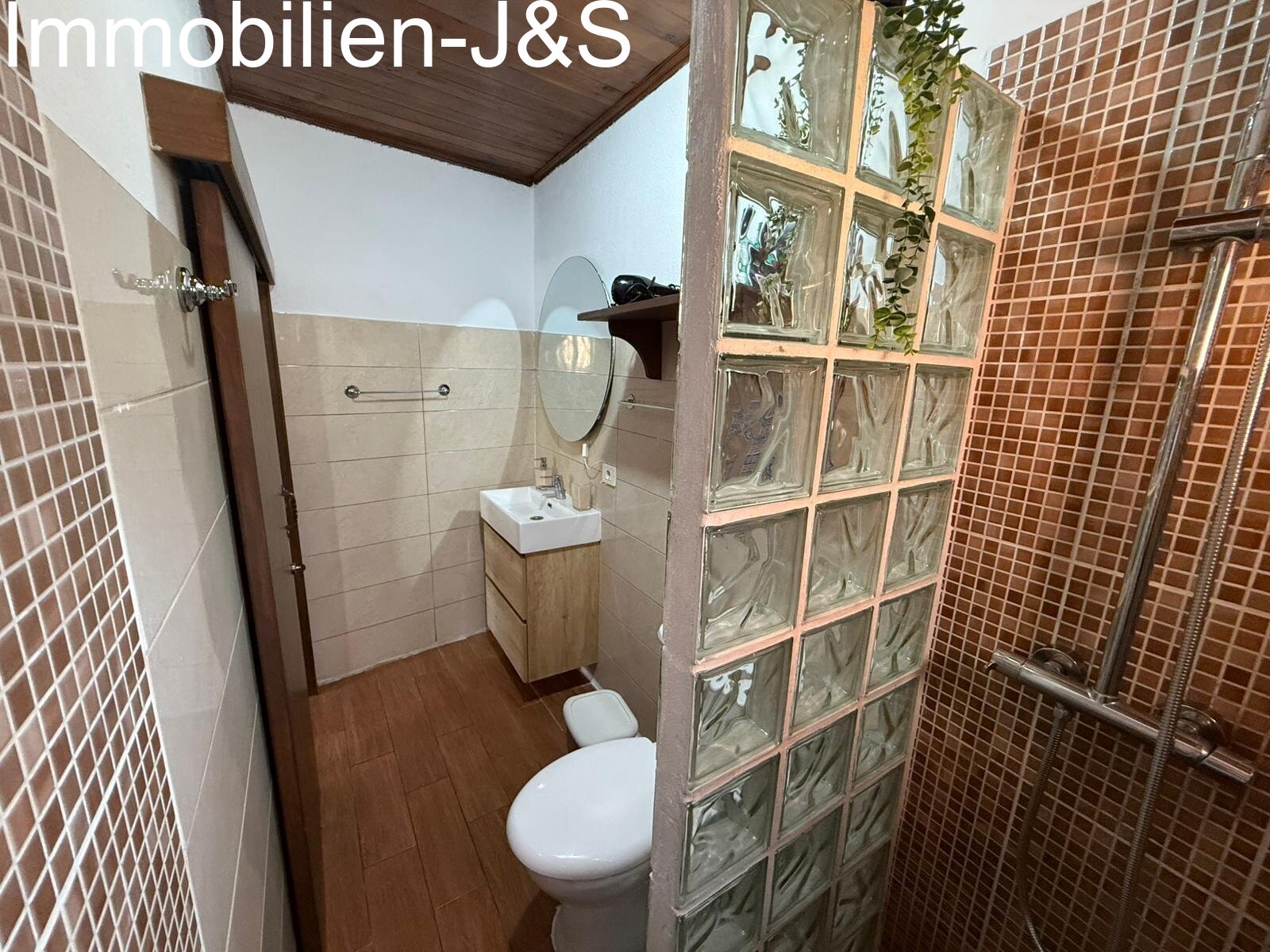 Modern bathroom with glass block elements and rain shower